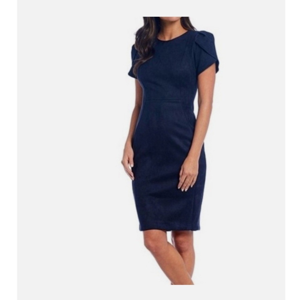 Calvin Klein Navy Faux Suede Tulip Sleeve Sheath Dress Size 8 Gold Zipper